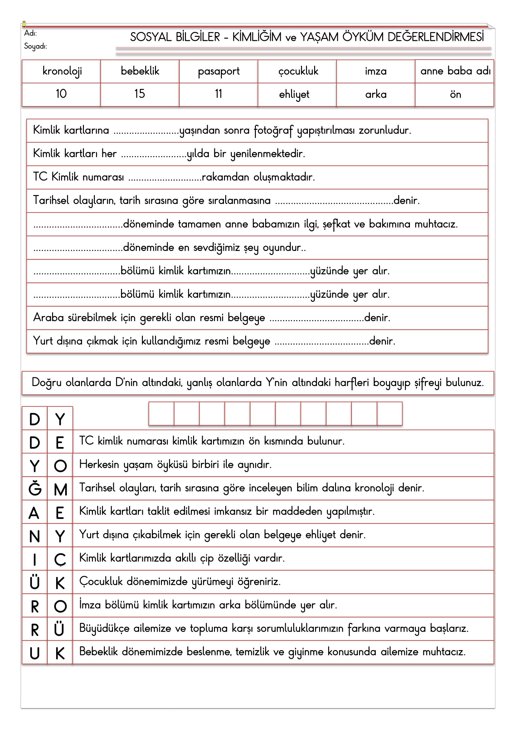 4.Sınıf - Sosyal Bilgiler Kimliğim ve Yaşam Öyküm Değerlendirmesi