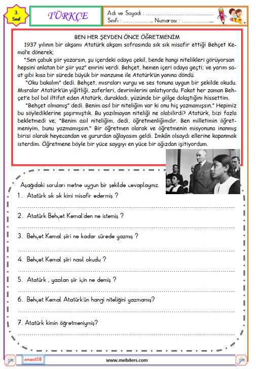 3. Sınıf Türkçe Okuma ve Anlama Metni Etkinliği (Ben Her Şeyden Önce Öğretmenim)