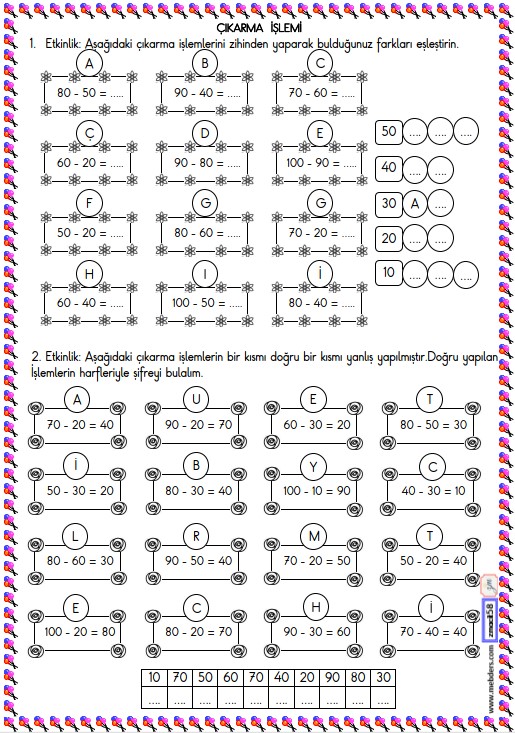 2. Sınıf Matematik Zihinden Çıkarma İşlemi Etkinliği 1