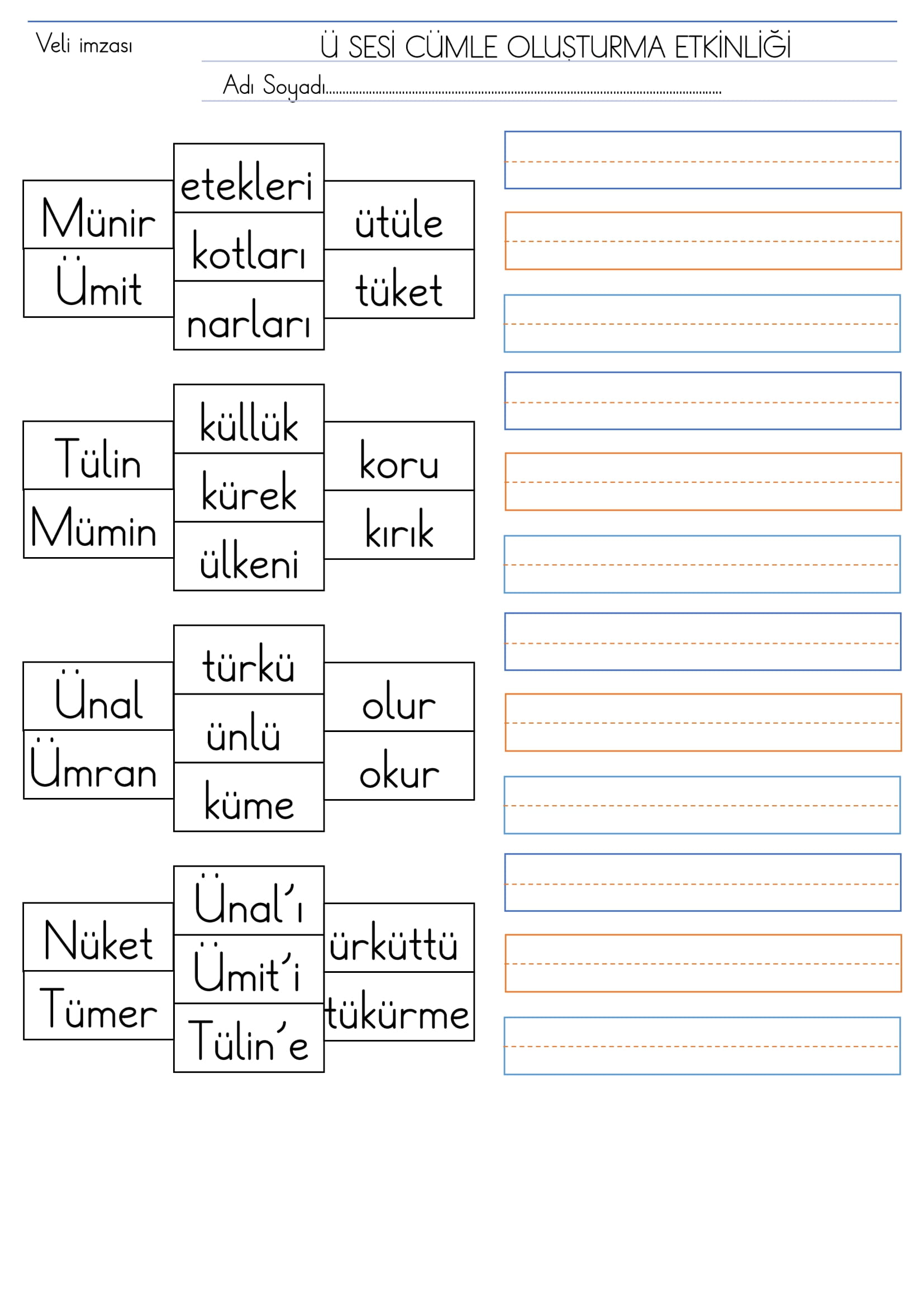 1. Sınıf Ü Sesi Cümle Oluşturma Etkinliği