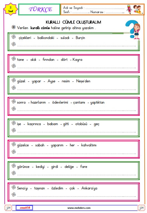 2. Sınıf Türkçe Kurallı Cümle Oluşturma Etkinliği 1