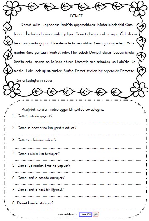 2. Sınıf Türkçe Okuma ve Anlama Metni Etkinliği (Demet)