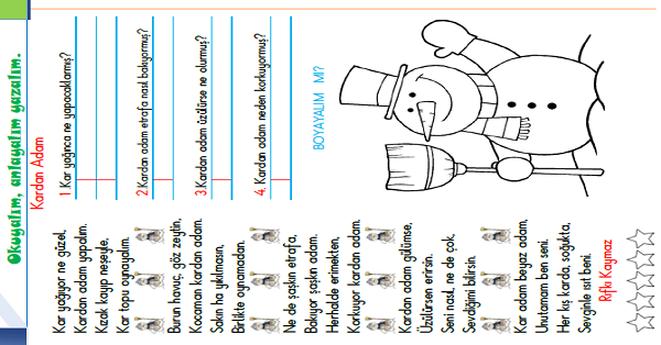 1. Sınıf Türkçe Okuyalım-Anlayalım-Yazalım (Kardan Adam) Metni
