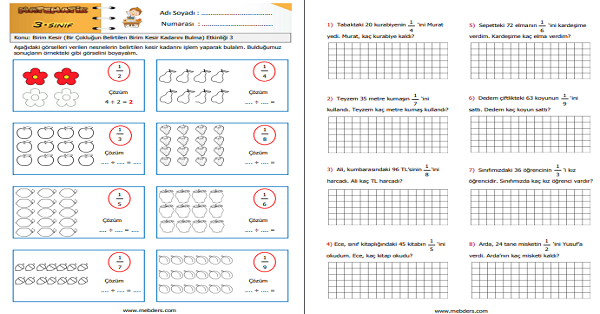 3.Sınıf Matematik Birim Kesir (Bir Çokluğun Belirtilen Birim Kesir Kadarını Bulma) Etkinliği 3