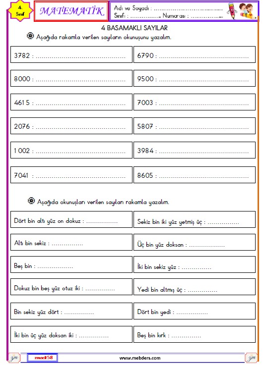 4. Sınıf Matematik Dört Basamaklı Sayılar Etkinliği