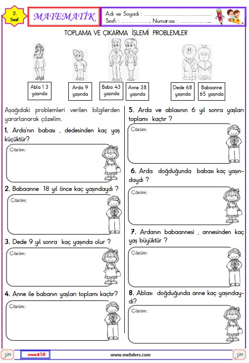 2. Sınıf Matematik Toplama ve Çıkarma İşlemleri Problemleri Etkinliği 7