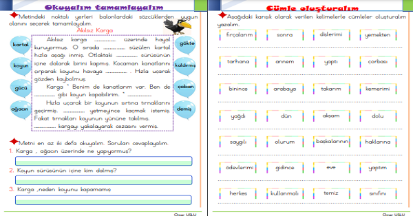 1.Sınıf Türkçe Okuyalım Tamamlayalım Etkinliği