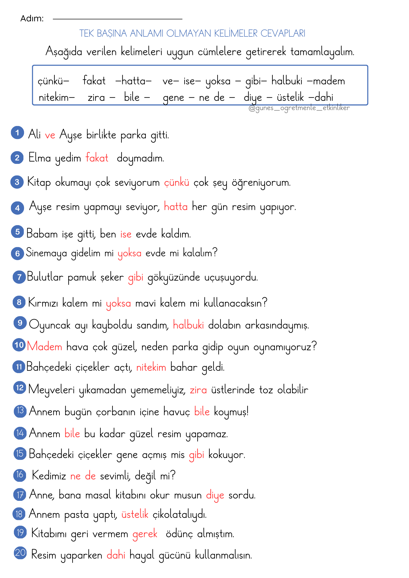 1.Sınıf Türkçe Tek Başına Anlamı Olmayan Kelimeler