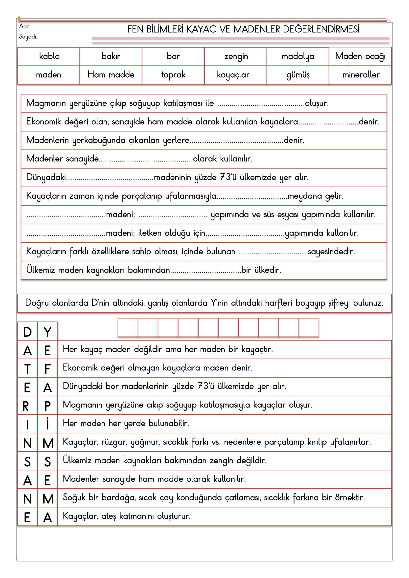 4.Sınıf - Fen Bilimleri Kayaç ve Madenler Değerlendirmesi