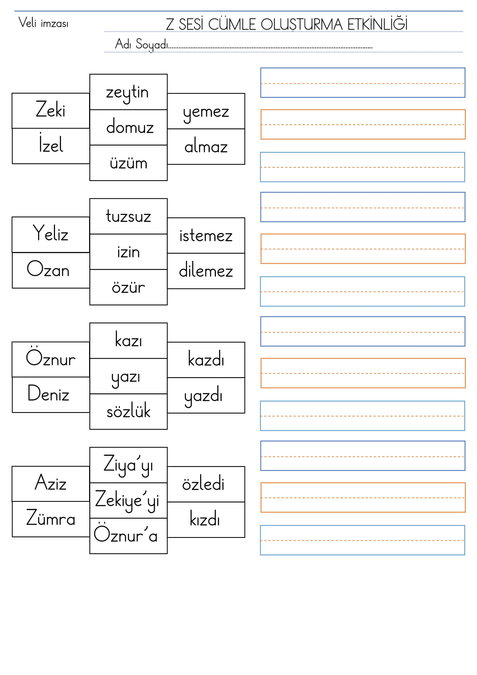 1. Sınıf İlk Okuma Yazma Z Sesi Cümle Oluşturma Etkinliği