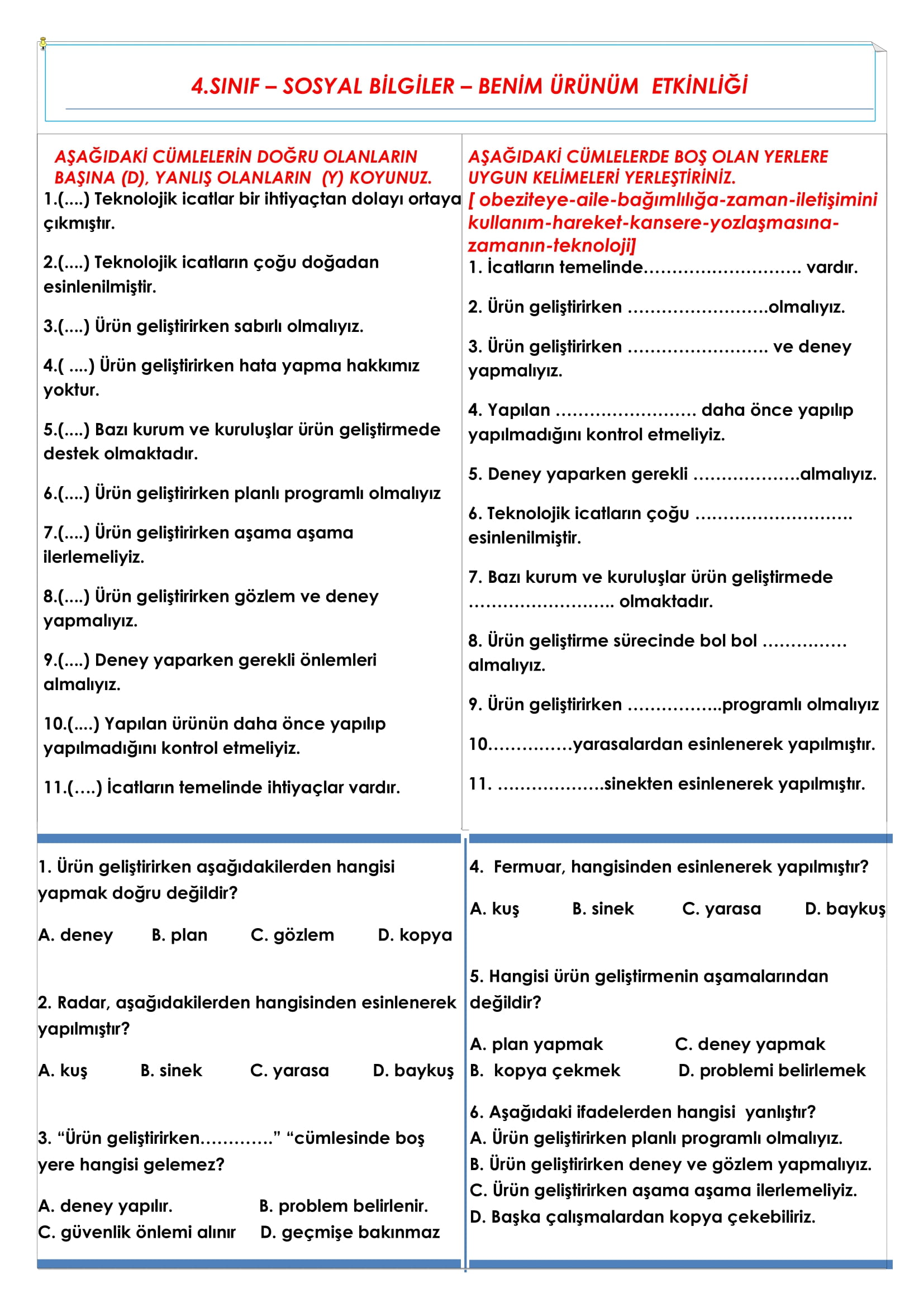 4.Sınıf - Sosyal Bilgiler - Benim Ürünüm Etkinliği