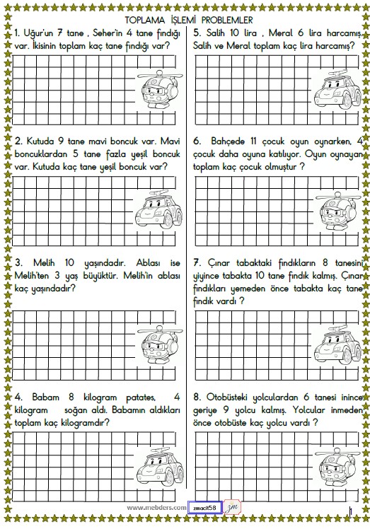 1. Sınıf Matematik Toplama İşlemi İle İlgili Problemler Etkinliği 12