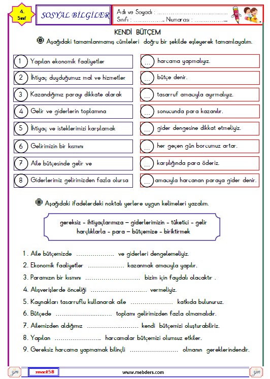 4. Sınıf Sosyal Bilgiler Kendi Bütçem Etkinliği 2