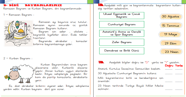 1. Sınıf Hayat Bilgisi Dini Bayramlar ve Milli Bayramlar