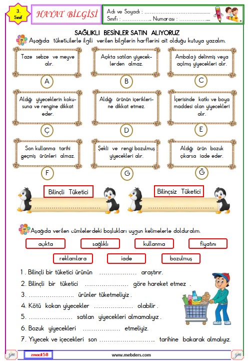 3. Sınıf Hayat Bilgisi Sağlıklı Besinler Satın Alıyoruz Etkinliği