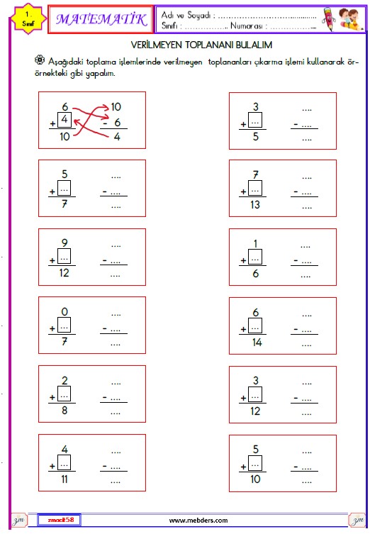 1. Sınıf Matematik Verilmeyen Toplananı Bulma Etkinliği 19