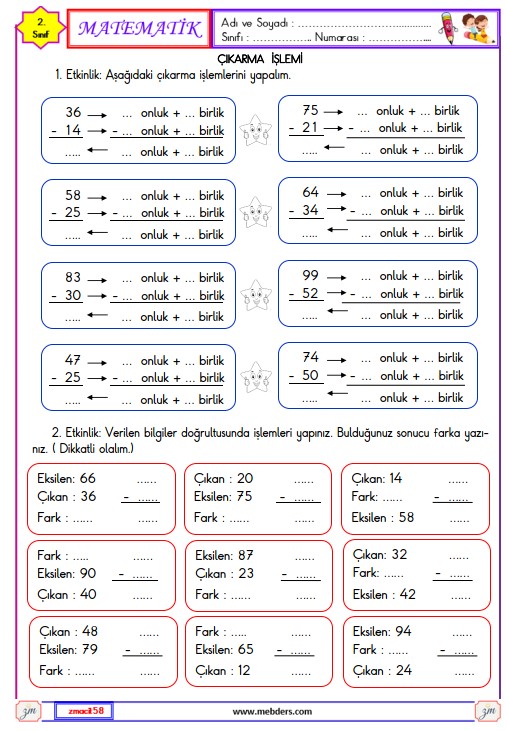 2. Sınıf Matematik Çıkarma İşlemi Etkinliği 1