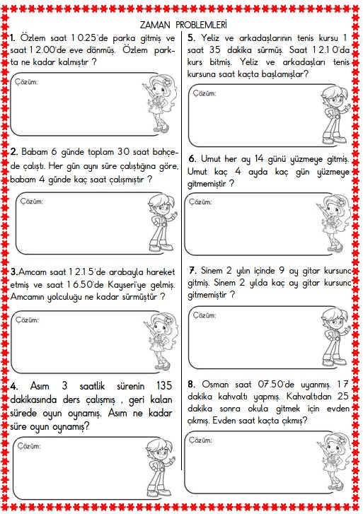 3. Sınıf Matematik Zaman Problemleri Etkinliği 8