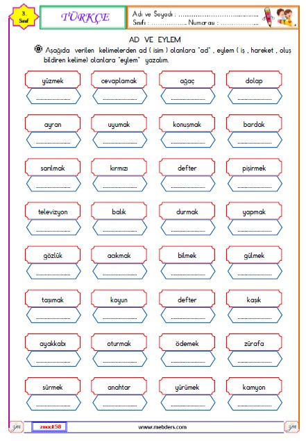 3. Sınıf Türkçe Ad ve Eylem Etkinliği 4