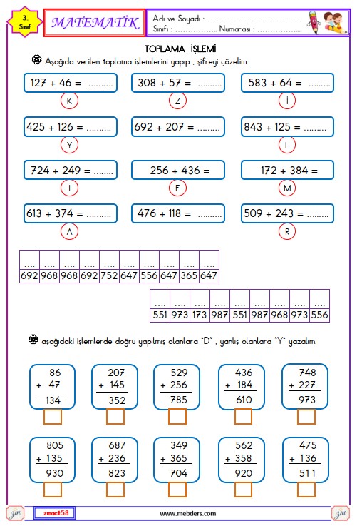 3. Sınıf Matematik Toplama İşlemi Etkinliği 2