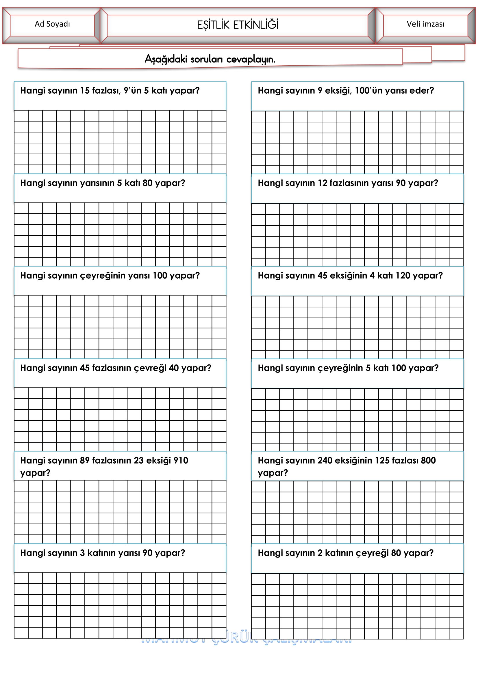 4.Sınıf - Matematik Eşitlik Etkinliği