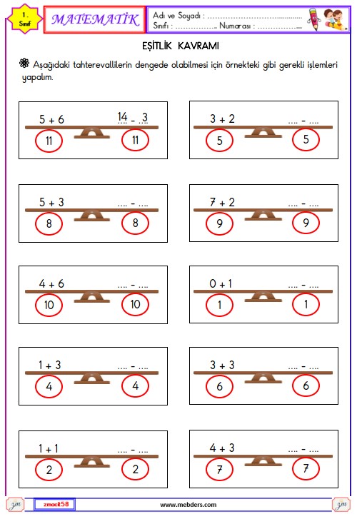 1. Sınıf Matematik Eşitlik Etkinliği 8