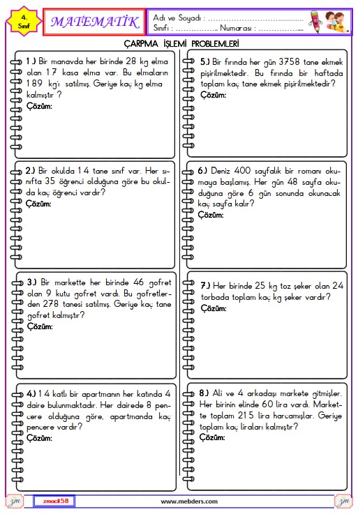 4. Sınıf Matematik Çarpma İşlemi Problemleri Etkinliği 1