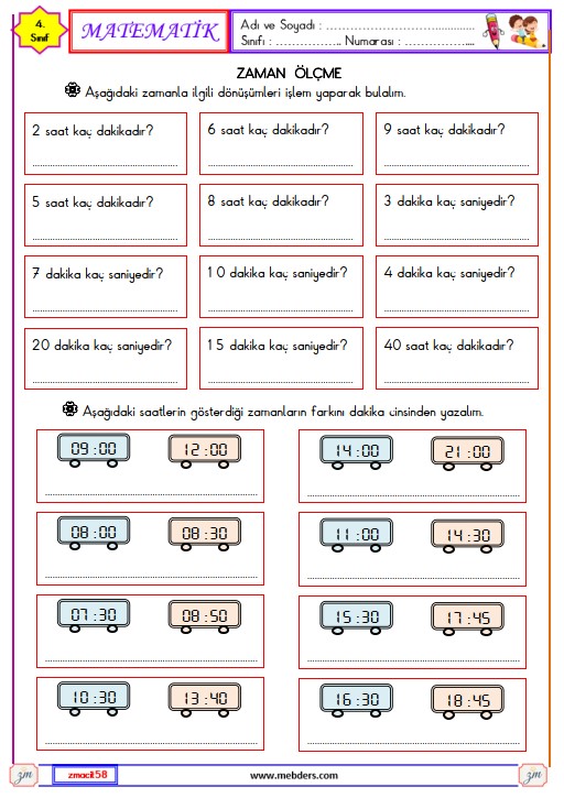 4. Sınıf Matematik Zaman Ölçme Etkinliği 5