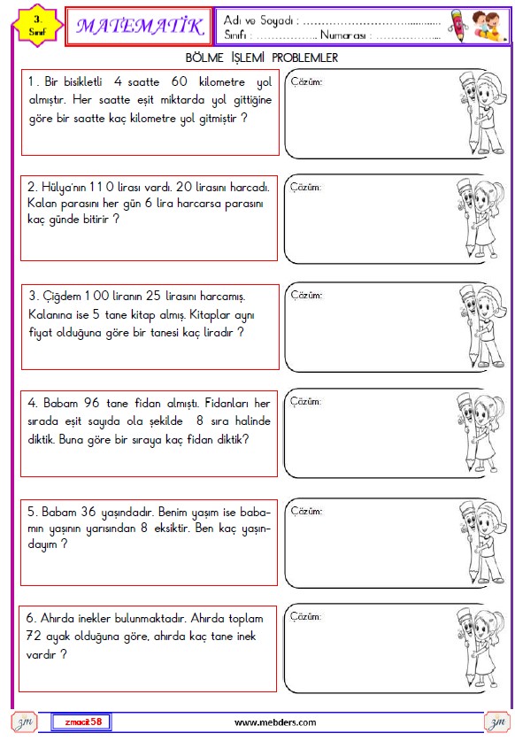 3. Sınıf Matematik Bölme İşlemi Problemler Etkinliği 3