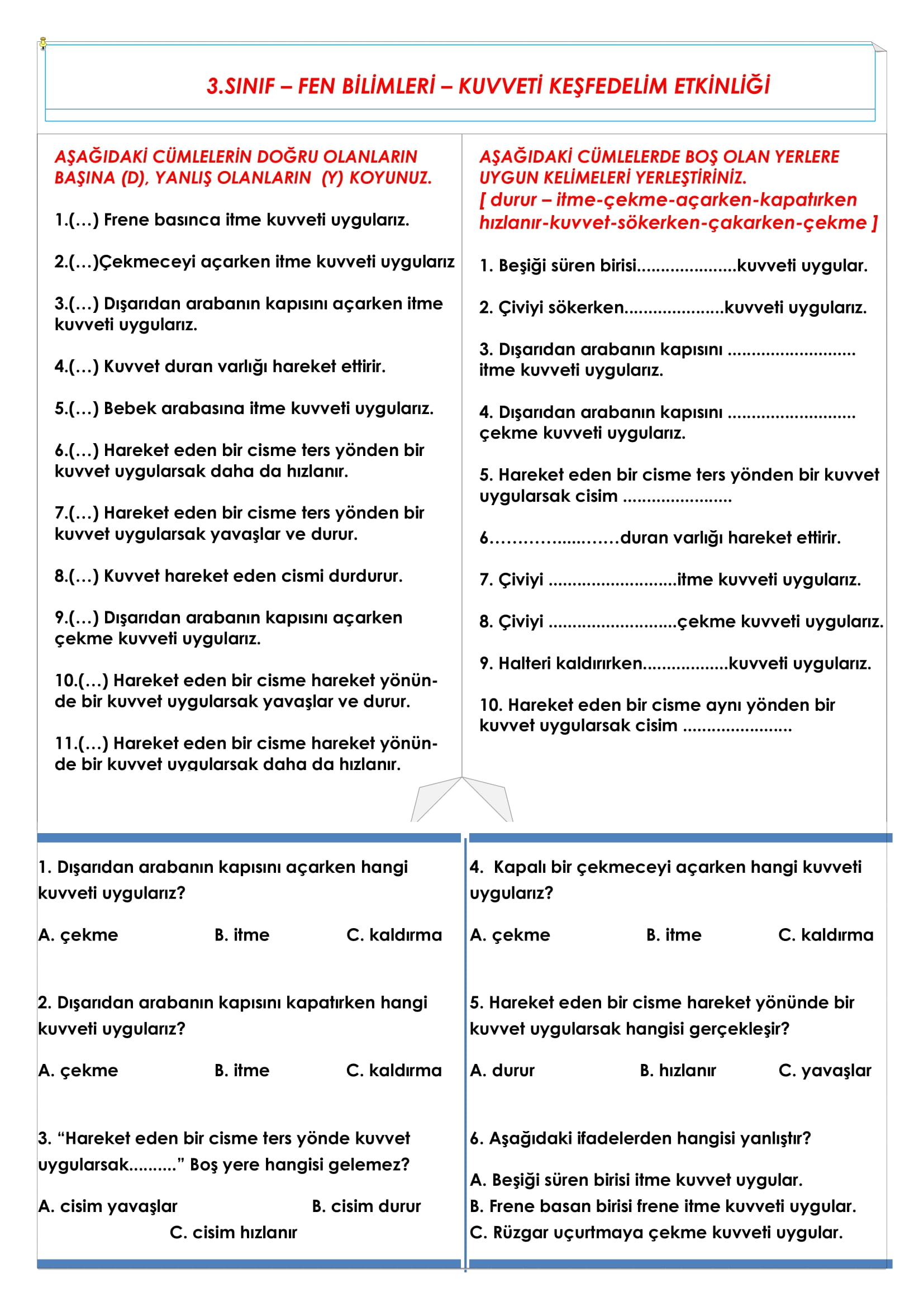 3.Sınıf Fen Bilimleri Kuvveti Keşfedelim Etkinliği