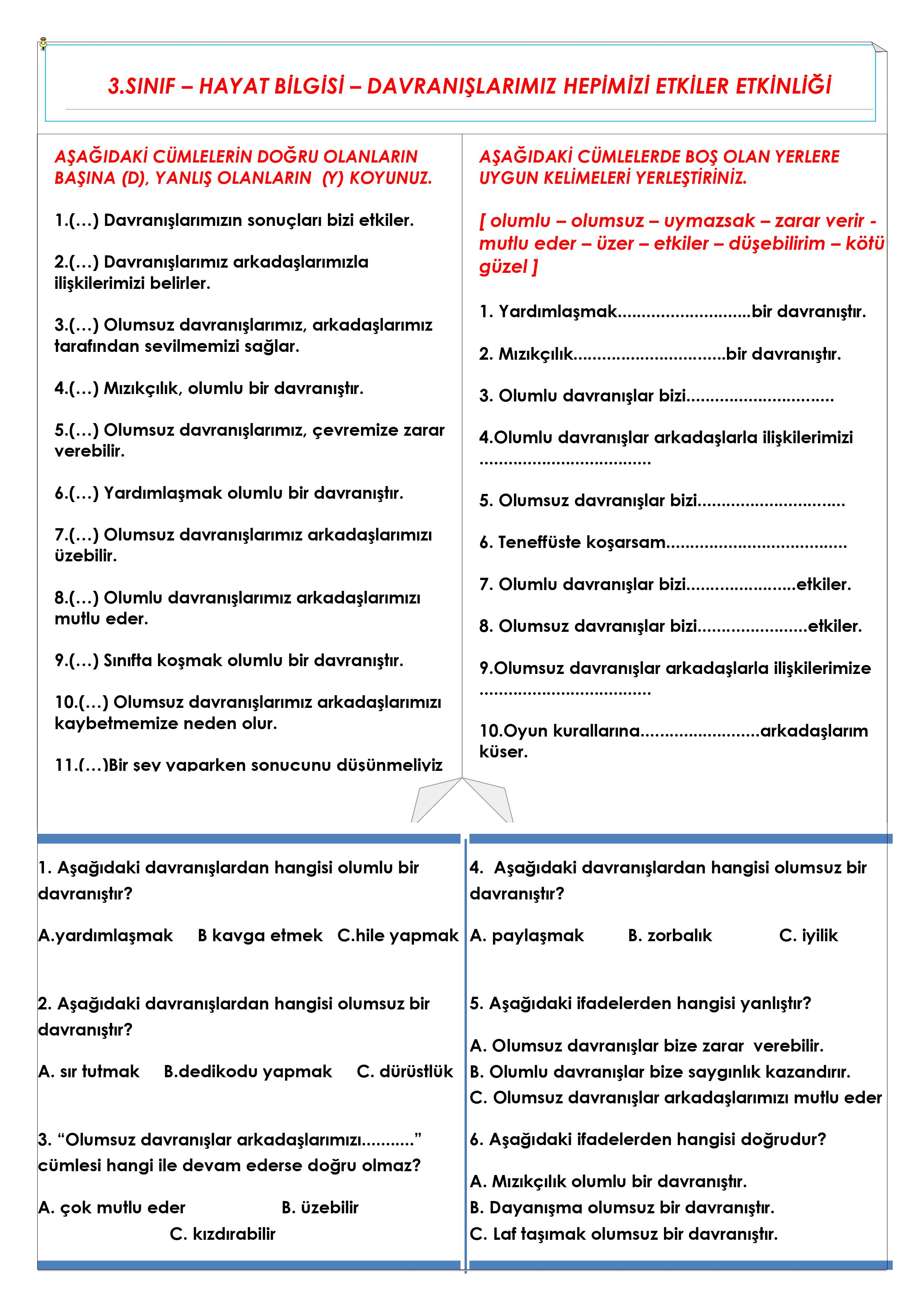 3.Sınıf - Hayat Bilgisi Davranışlarımız Hepimizi Etkiler Etkinliği