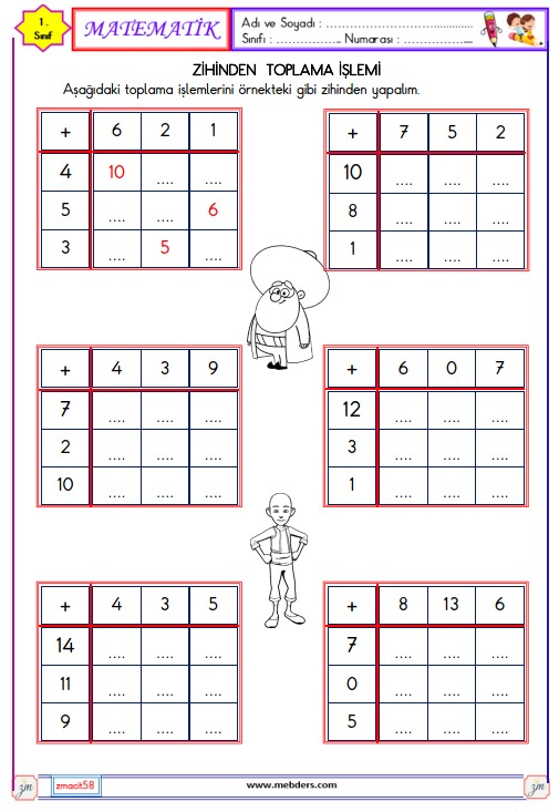 1. Sınıf Matematik Zihinden Toplama İşlemi Etkinliği 6