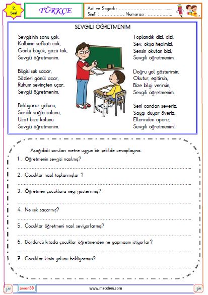 2. Sınıf Türkçe  Okuma ve Anlama  Etkinliği Metni ( Sevgili Öğretmenim )