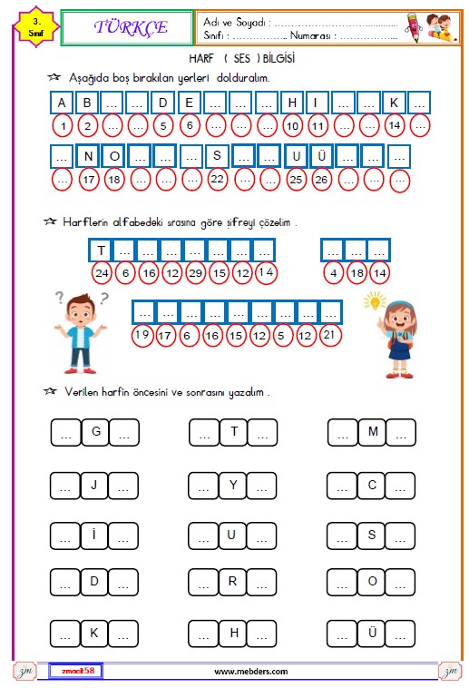 3. Sınıf Türkçe Harf Bilgisi Etkinliği 1