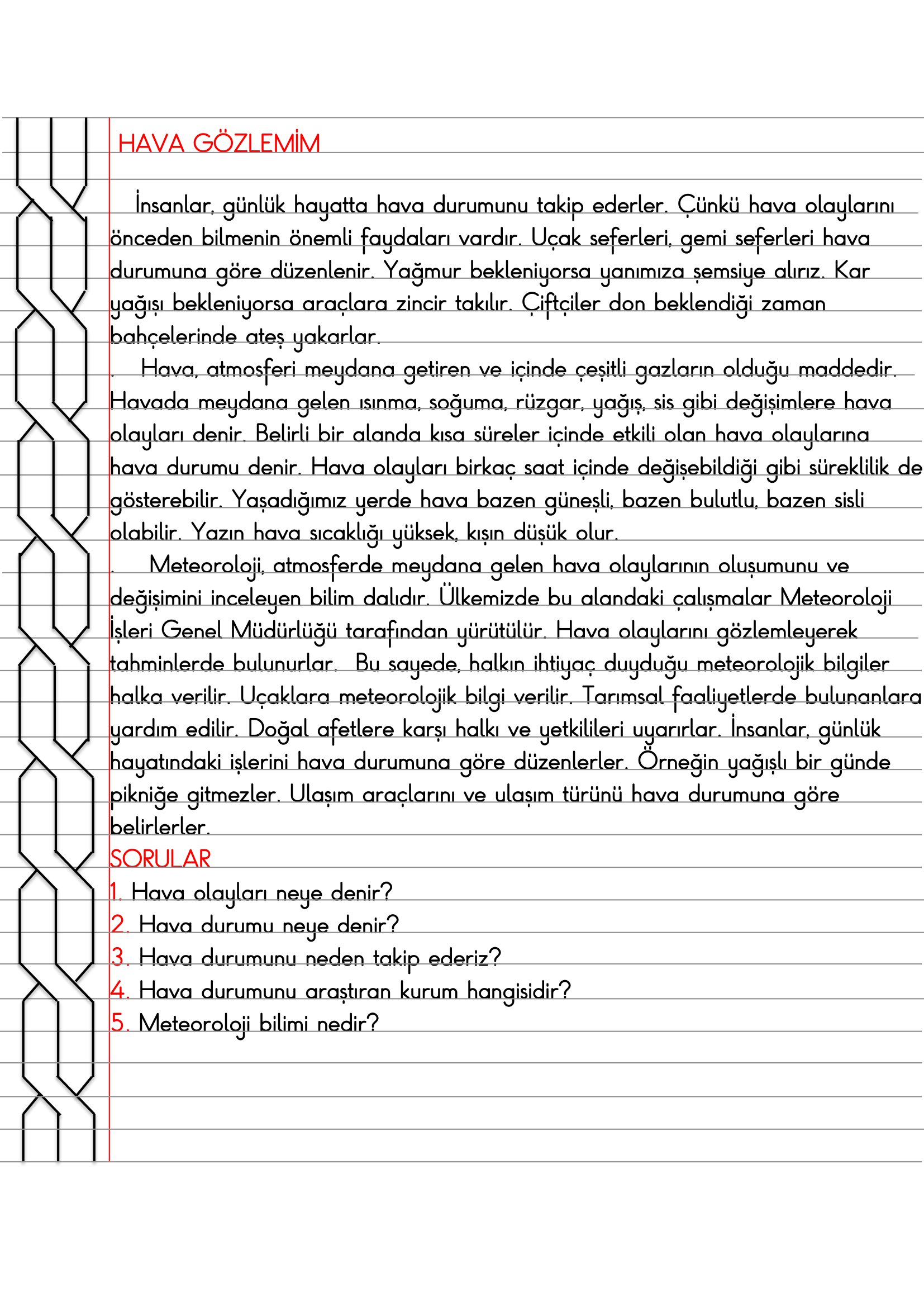 4.Sınıf - Sosyal Bilgiler - Hava Gözlemim Defter Özeti