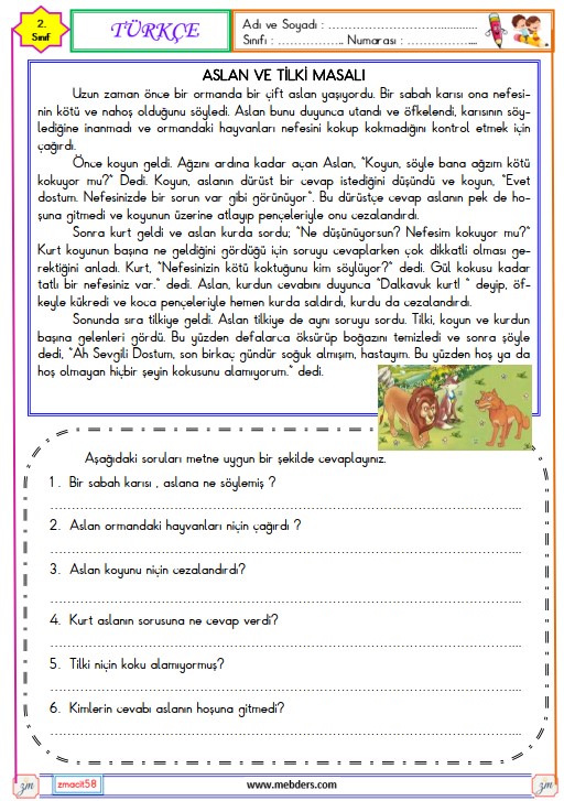 2. Sınıf Türkçe Okuma ve Anlama Metni Etkinliği (Aslan ve Tilki)