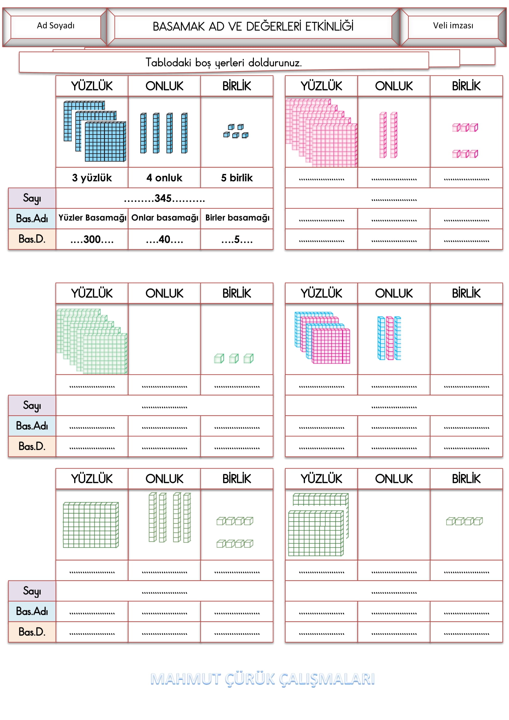 3.Sınıf - Matematik Basamak Ad ve Değerleri Etkinliği