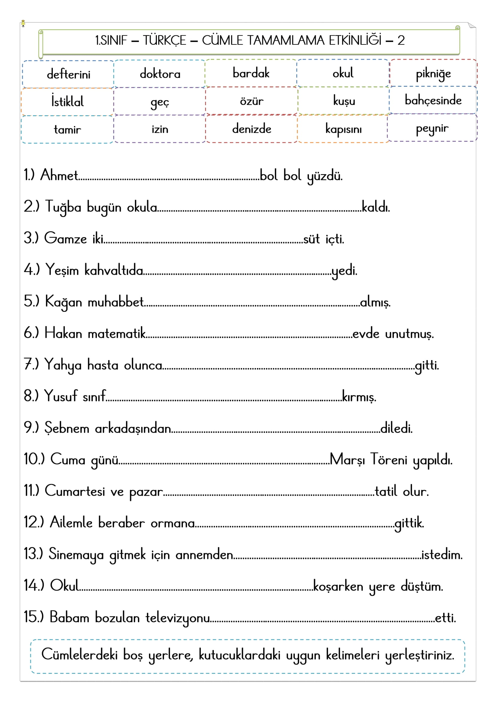 1.Sınıf - Türkçe - Cümle Tamamlama Etkinliği-2