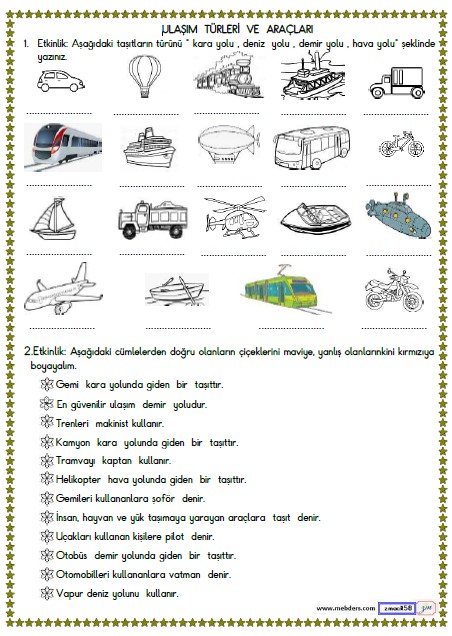 2. Sınıf Hayat Bilgisi Ulaşım Türleri ve Araçları Etkinliği 1