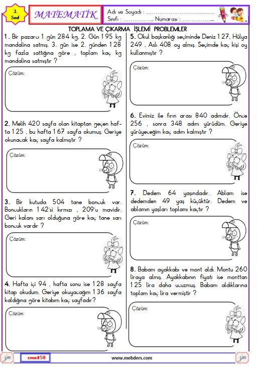 3. Sınıf Matematik Toplama ve Çıkarma İşlemi Problemleri Etkinliği 2