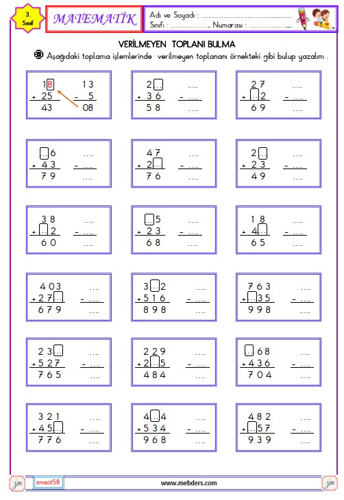 3. Sınıf Matematik Verilmeyen Toplananı Bulma Etkinliği 2