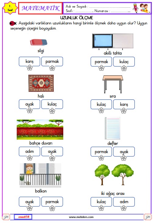 1. Sınıf Matematik Uzunlukları Ölçme Etkinliği 6