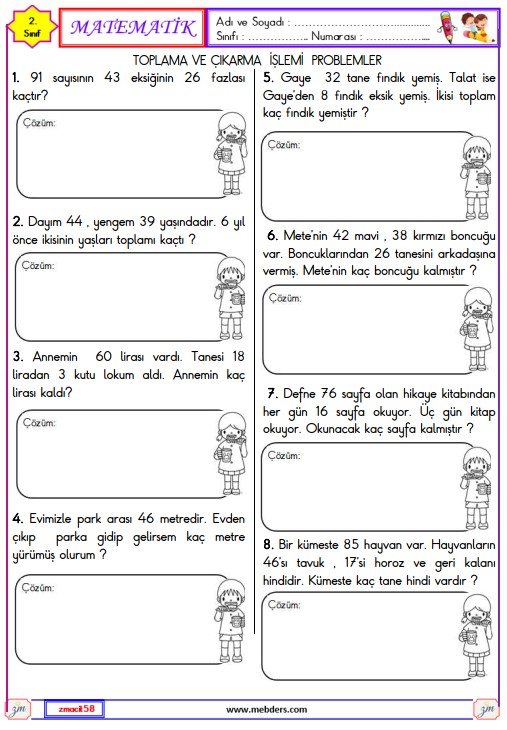 2. Sınıf Matematik Toplama ve Çıkarma İşlemleri Problemleri Etkinliği 9