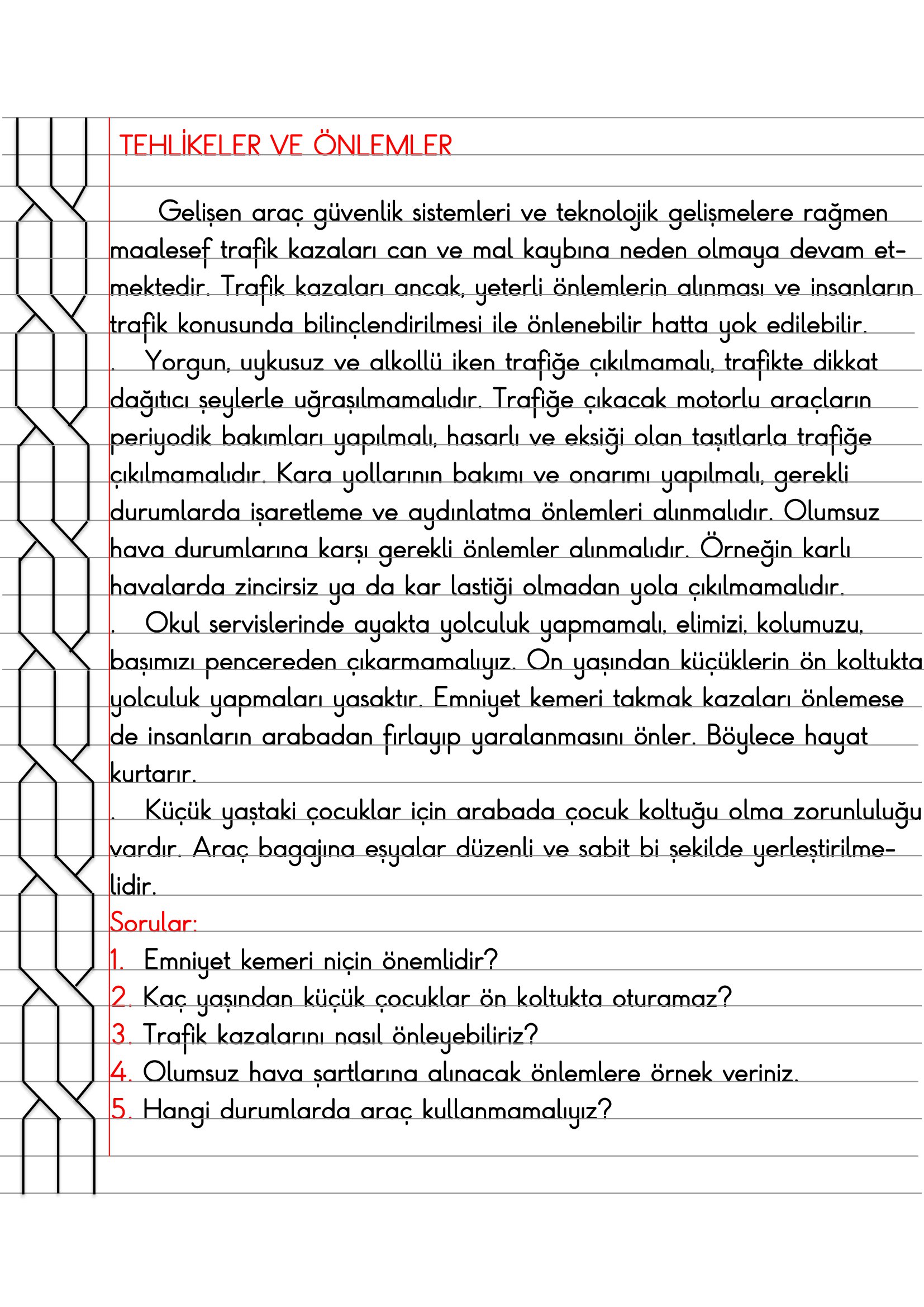 4.Sınıf Trafik Güvenliği Tehlikeler ve Önlemler Defter Özeti