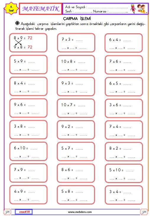 4. Sınıf Matematik Çarpma İşlemi Etkinliği 2