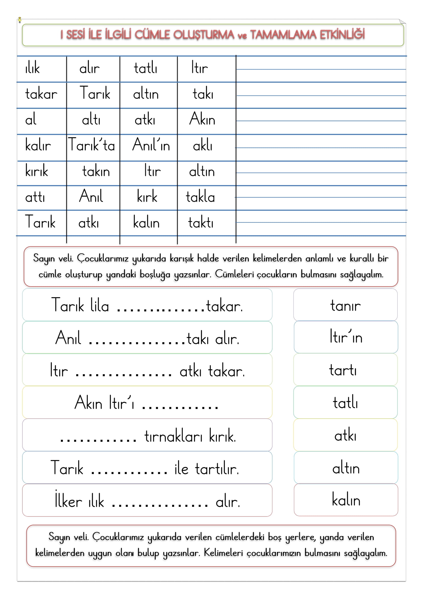 1.Sınıf I Sesi Cümle Oluşturma ve Tamamlama Etkinliği