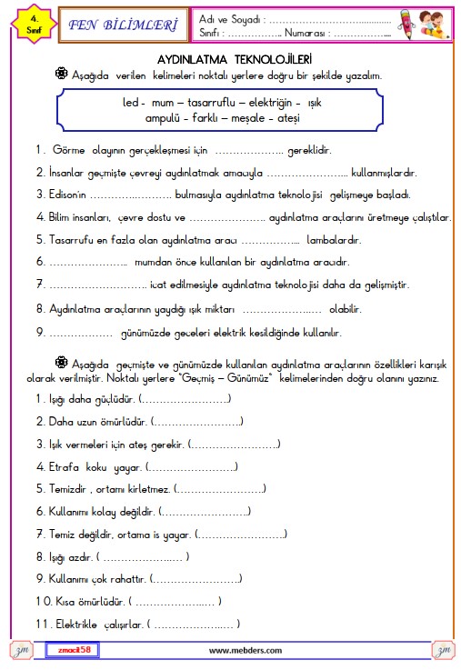 4. Sınıf Fen Bilimleri Aydınlatma Teknolojileri Etkinliği 6