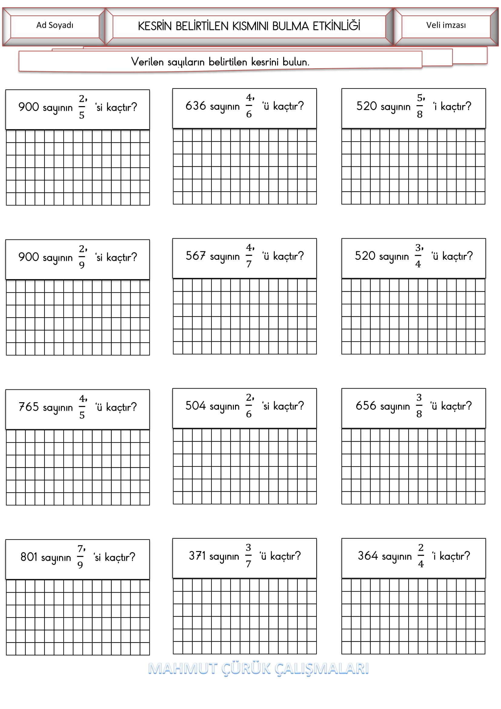 4.Sınıf - Matematik Kesrin Belirtilen Kısmını Bulma Etkinliği