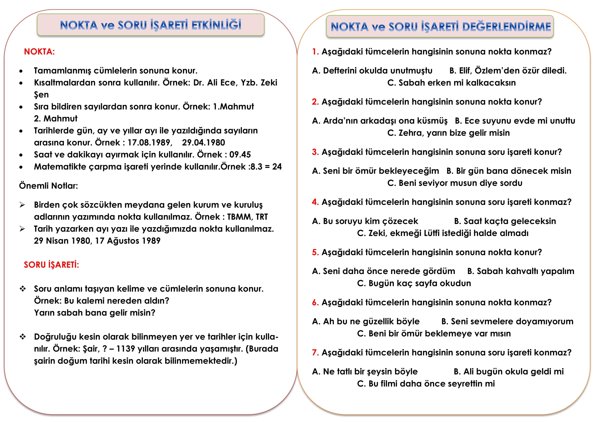 2.Sınıf Türkçe DilBilgisi Nokta ve Soru İşareti Konu Özeti