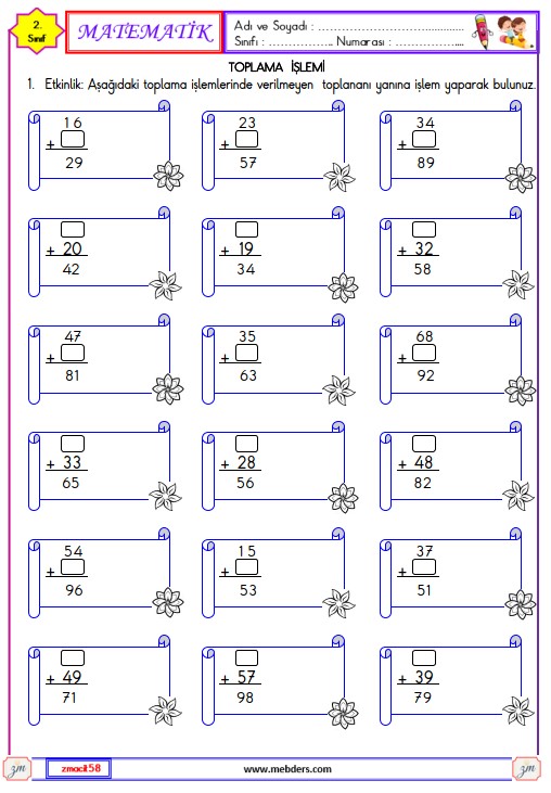 2. Sınıf Matematik Verilmeyen Toplananı Bulma Etkinliği 5